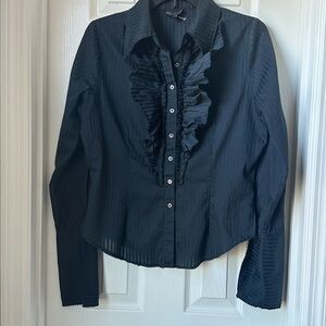 Elegant Black Ruffled Button-Up Blouse